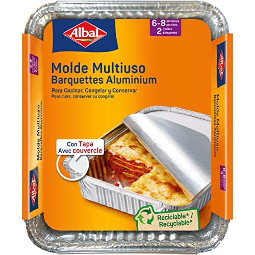 Albal Aluminio 32x26x5 Centímetros con Tapa | Desechables | Asar, Congelar y Conservar | 6-8 Porciones | 2 Moldes, 202567, 0, 1