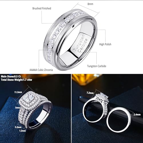 Newshe Jewellery Wedding Rings Set for Him and Her Women Mens Tungsten Bands AAAAA Cz Princess Cross 2.3Ct 925 Sterling Silver Size 5-132