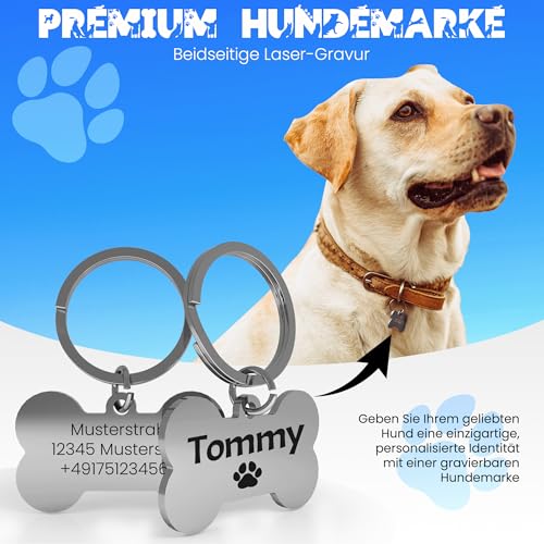 Hundemarke mit Gravur – ⌀30mm Robuster Hundeanhänger aus Edelstahl in Silber – Personalisierter Dog Tag mit Adresse auf der Rückseite (KNOCHEN SILBER)