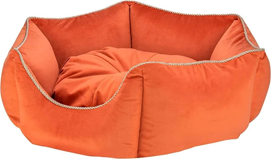 Image of PetLux Velvet Pet Smile Super Soft Reversible Bed for Indoor Cats, Dog Bed for Puppy and Kitty Round Bed, Sofa Basket for a Dog & Cat | Pet Bed with Pillow (S, Orange)