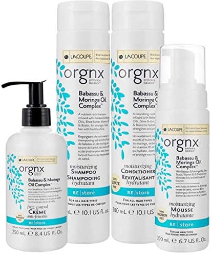 LaCoupe Orgnx Babassu and Moringa Oil Complex, Shampoo + Conditioner + Mousse + Leave-in Frizz Control Cream