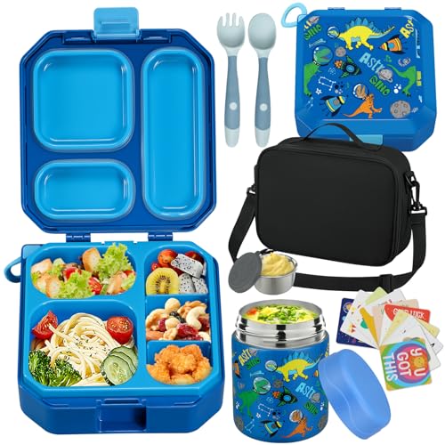 Image of wiwens Bento Lunch Box for Kids with 12oz Soup Thermo Leak-Proof Lunch Food Container with 5 Compartment Thermo Hot Food Jar and Insulated Lunch Bag for Kid Toddler Girls Boys to School