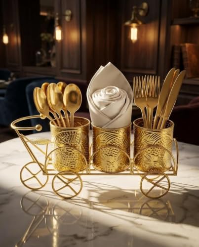 Image of Global 3-Compartment Cutlery Holder | Spoon Stand | Tissue Holder for Dining Table & Kitchen | Multi-Purpose Cutlery set for Dining Table-Gold