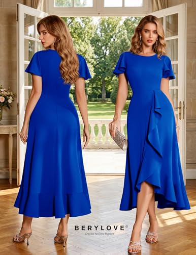 Image of BeryLove Women Formal Party Dress Flutter Short Sleeve Wedding Cocktail Long Evening Dress