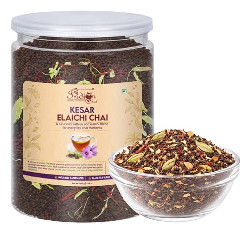 The Indian Chai - Kesar Elaichi Loose Leaves Tea 200g in Plastic Jar with CTC Black Tea, Real Saffron & Green Cardamom (Elaaichi) | Rich Aromatic, Refreshing & Tasteful