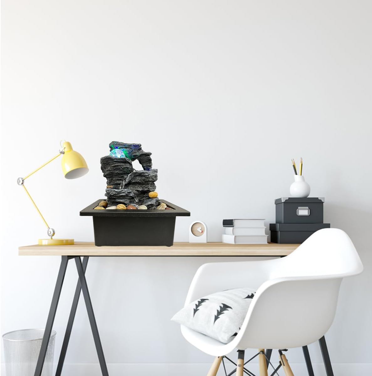 Indoor Tabletop Water Fountain Rotating Ball Rock Waterfall Fountain with Colorful Lights and Natural River Rocks, Zen Meditation for Home Office Decor (B)