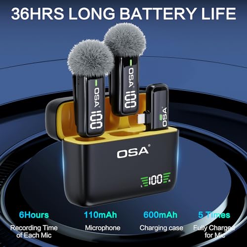 OSA 2Pcs Wireless Lavalier Microphone for iPhone iPad with Charging Charging Case and Transmitter Digital Display, 30H Clip on Lapel Microphone Wireless for Video Recording