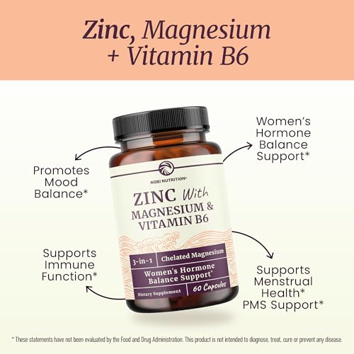 Image of Zinc and Magnesium Supplement with Vitamin B6, Women's Hormone Balance | Menstrual Cycle & Immune Support, High Absorption Chelated Magnesium Glycinate with Zinc Picolinate and Vit B6, 60 Capsules