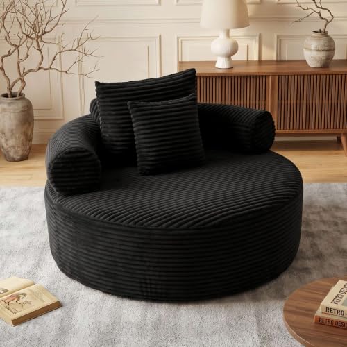 Image of Trustyue Boneless Couch,Comfy Fluffy Sofa Bed,Upholstered Sleeper Sofa with Cup Holder and Throw Pillows,Corduroy Plush Cloud Lounge Chair (Black, Corduroy)