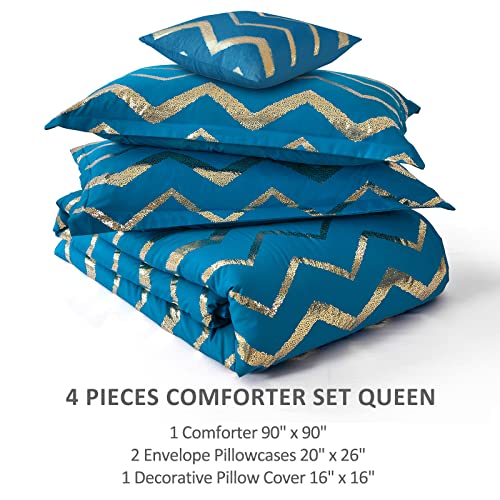 Teal Blue Comforter Set Queen, Metallic Print Gold Glitter Bedding Set Luxury Bed Sets For Men Women, 4 Piece (2 Pillowcases, 1 Decorative Pillow Sham) #TOP6