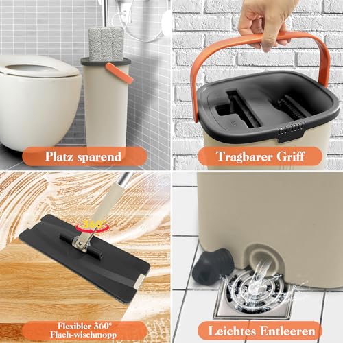 Wischmopp Set mit Eimer 2-in-1 Bodenwischer mit 360° Drehkopf & Auswringfunktion Putzeimer mit Wischmop Edelstahlgriff und 4 Mikrofaserpads Handfreies Reinigungssystem Für Parkett Laminat & Fliesen – Bild 6