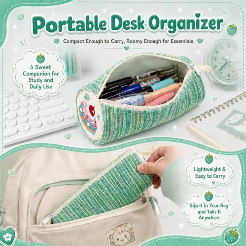 Image of Green Strawberry Cake Pencil Pouch for School Girls, Large Capacity Cute Pencil Case, Stationery Organizer | Spacious Storage | Lightweight | Multi-Use | Aesthetic | College Ready