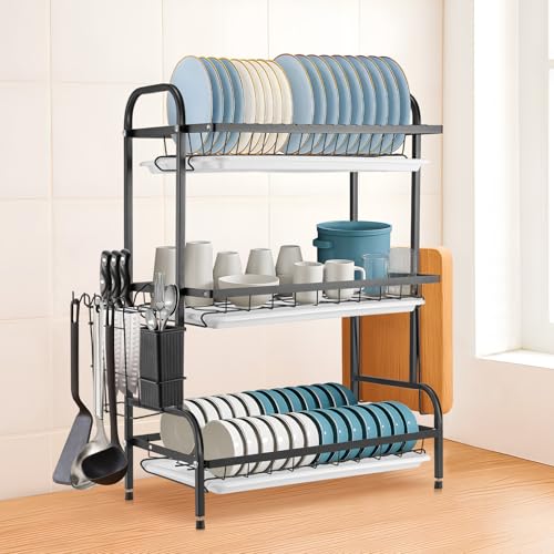 Dish Rack 3-Tier Dish Drainer Rack with Drainboard Large Over Sink Drying Rack Kitchen with Cutlery & Cutting Board Holder Space-Saving Kitchen Draining Board with Drip Tray - Image 4