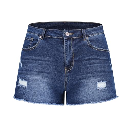 Image of THUNDER STAR Women Mid Rise Ripped Stretchy Jeans Shorts Frayed Raw Hem Casual Denim Shorts
