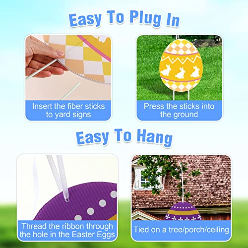 12 Pcs Large Easter Eggs Yard Signs, Colorful Hanging Eggs Ornament, Plug In Easter Eggs Stakes For Tree Porch Garden Decoration, Waterproof Religious Outdoor Eggs Decor With Fiber Sticks Ribbons #TOP2