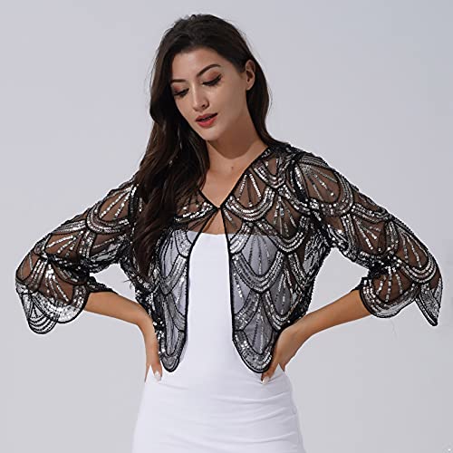 Womens Long Sleeve Sequin Lace Shrug Scallop Hem Open Front Bolero Cardigan for Evening Dress4