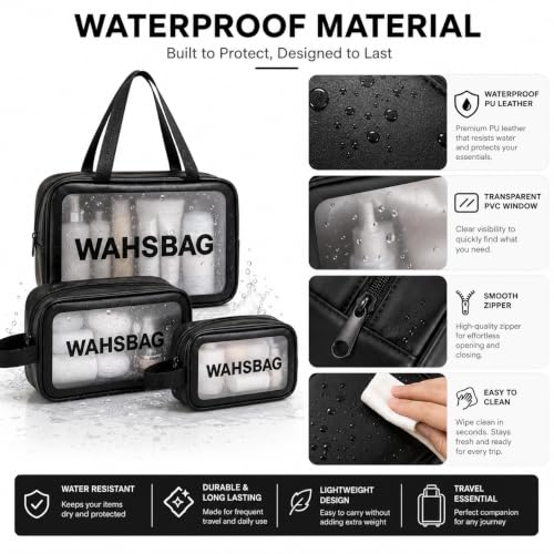 Image of MELVIS Waterproof Travel Toiletry Bag for Women | 3-Piece Pink Faux Leather Makeup & Toiletry Organizer Set with Clear Window | Cosmetic Wash Bag Pouch for Travel Accessories & Brushes (Black)