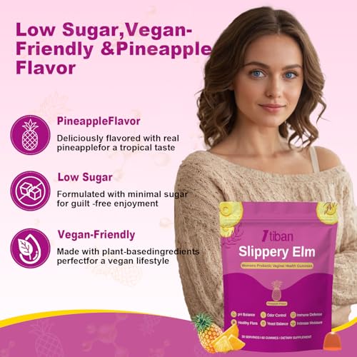 Image of Slippery Elm Feminine Probiotic Moisture Gummies, pH Balance, Vaginal Flora, Odor Health with Bacillus coagulans, Delicious Pineapple Flavor, 60 Count
