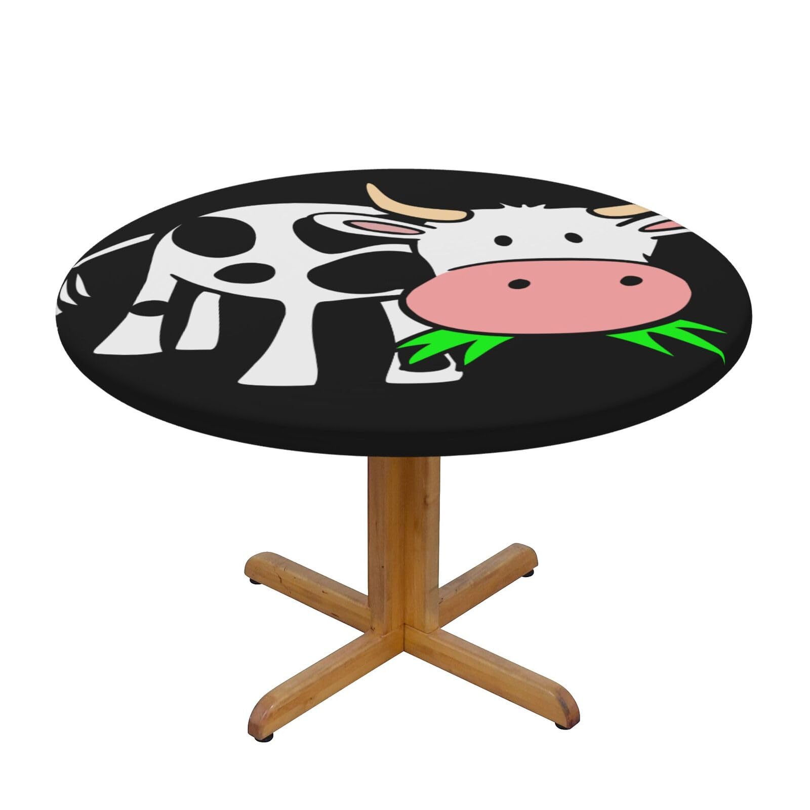 Ffshkowe Cute Cow Elastic Round Tablecloth Oil Proof Table Cover For Dining Party Picnic