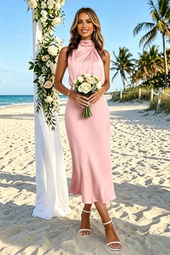Image of Women's Satin Maxi Dress Summer Formal Wedding Guest Cocktail Dress | Mock Neck Sleeveless,Elegant Silk Midi Long Dress,High Neck,Halter,Aline,Bridesmaid,Bridal Shower Guest,Garden Party,Dinner