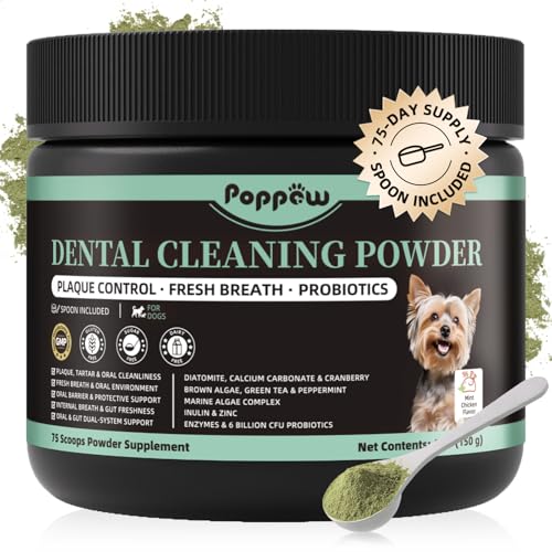 POPPAW Dog Dental Powder Teeth Cleaning Powder Plaque & Tartar Off Fresh Breath Support No Brushing Oral Care Mint Chicken Flavor 75 Servings