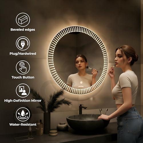 Image of Plantex LED Bathroom Mirror with 3 Tone /Designer Mirror for Living Room /Bedroom /Dressing Room - Round Shape (Dia.24 Inch)