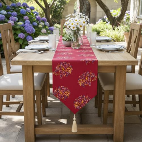 Image of COZY FURNISH Floral Printed Microfiber Cotton Table Runner for 6 Seater Dining Table & Runner with Tassels - 13x72 Inches Decorative Home Kitchen Table Linen