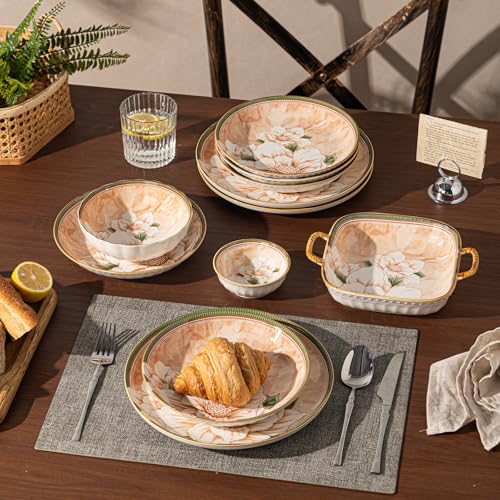 FANGJING 36-Piece Dinnerware Set for 6, Porcelain Plates and Bowls Sets, Vintage Camellia Flower Pattern Elegant Tableware, Chip-Resistant Stackable Ceramic Dish Set, Microwave & Dishwasher Safe by FANGJING - Image 6