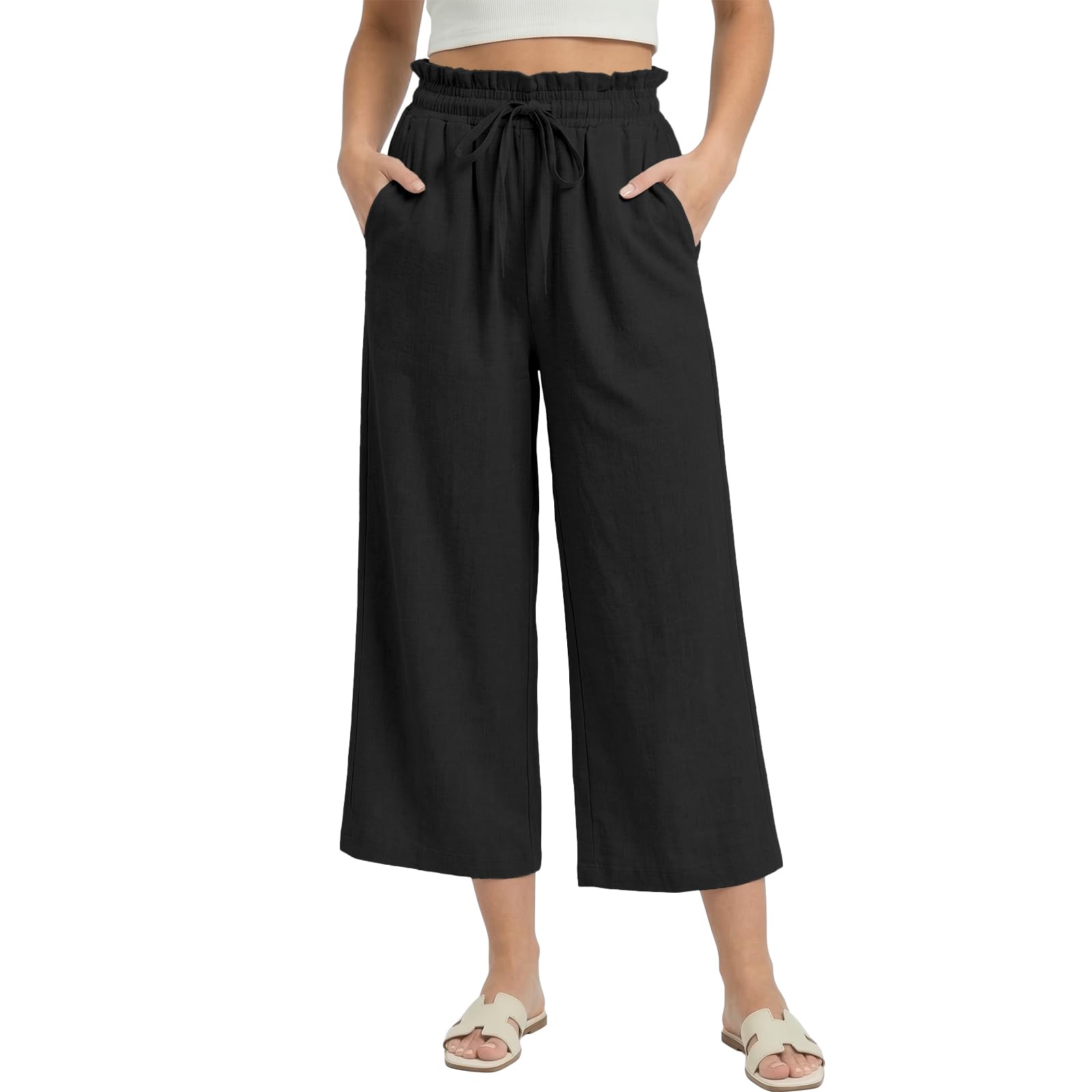 Husmeu Damen Hosen Sommerhose Damen Leicht Leinenhose 7/8 Weites Bein Hohe Taille Baumwolle Leinen Strandhose Freizeithose Geradem Lose Casual mit Taschen