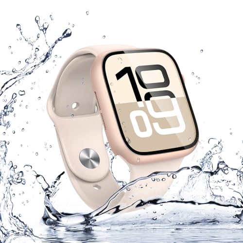 Image of Misxi [2 Pack] Waterproof Hard Case with Tempered Glass Compatible with Apple Watch Series 11 (2025) Series 10 42mm, Overall Protective Cover for iWatch Screen Protector, 1 Rose Gold + 1 Transparent