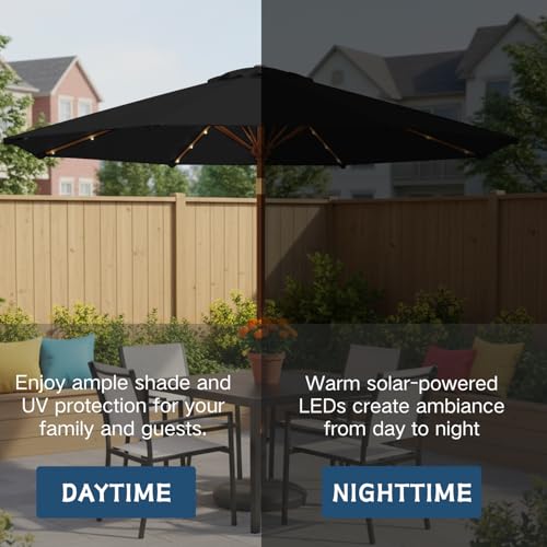 Image of 9' Solar LED Patio Umbrella with Tilt & Crank|8 Sturdy Ribs,UV Protection,Outdoor Market Table Umbrella for Deck,Lawn,Pool,Backyard(Black)