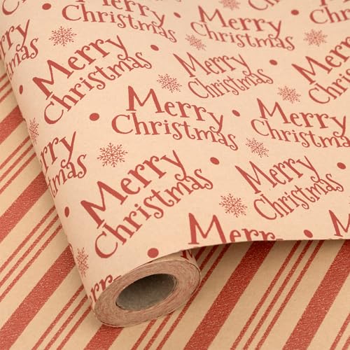 Larcenciel Rollo de Papel Regalo Navidad, 10 m x 43 cm Papel de Regalo Reversible con Rayas, Copos de Nieve y Alfabeto Inglés, Papel Kraft Rojo Vintage de Doble Cara para Año Nuevo, Navidad, Cumpleaño