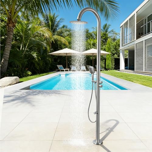 Dexinhdh Ducha Exterior Independiente, Kit De Ducha Exterior De Acero Inoxidable Cepillado con Grifo Giratorio Y Interruptor Giratorio Antideslizante para Jardín, Piscina O Playa(Silver)