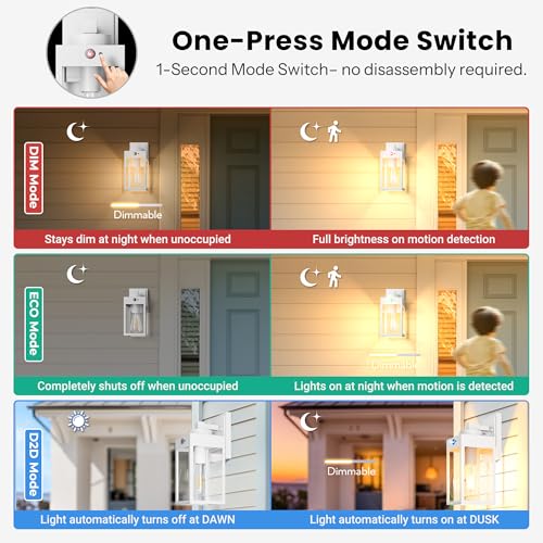 Image of Gleamz 2-Pack Motion Sensor Outdoor Light Fixtures Wall Mount, Waterproof | Modern White Dusk to Dawn Exterior Wall Lantern for House Front Porch, Waterproof Outdoor Sconce Lights for Garage, Coach