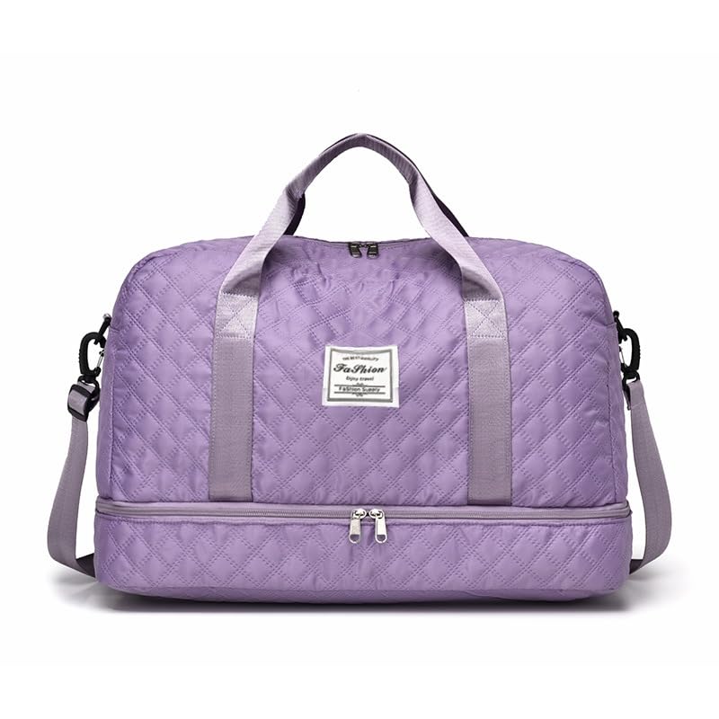 Fashion Travel Duffel Bag, Quilted Cotton, Large Capacity with Wet Dry Separation, Black, 20.5x14.2x9.4 Inch, Luggage Strap, Multiple Pockets (Light purple)