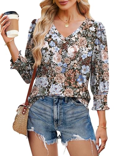 SAMPEEL 3/4 Length Sleeve Womens Tops Dressy Casual Blouses V Neck T Shirts with Smocked Cuffs3