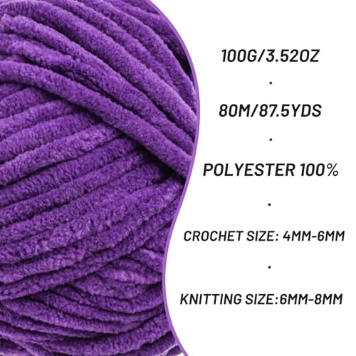 Image of 3 Pack Fluffy Chenille Yarn for Crocheting, Chunky Velvet Yarn for Crochet Amigurumi, Baby Yarn for Crocheting Soft Blanket, 262.4yds /10.5 oz Bulky Yarns for Crafts /Hats /Shoes /Socks (3 Lilac)