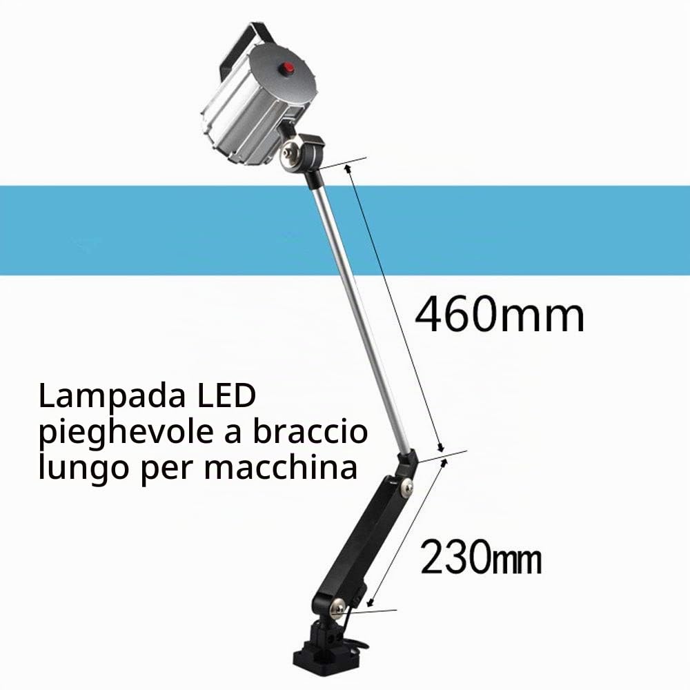 Lampada Pieghevole LED 7W IP67 Con Braccio Lungo - Impermeabile per Macchina Utensile CNC, Tornio - Braccio Prolungato in Alluminio Con Interruttore a Pulsante