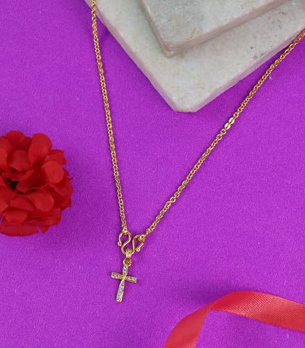 Image of CUTE GOLD One Gram Micro Gold Plated Men Style Lord Jesus Cross Stone Pendant Chain For Mens And Womens (18 inch)(DC-1190)