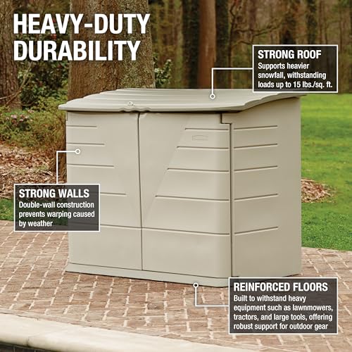 Image of Rubbermaid Large Horizontal Resin Outdoor Storage Shed With Floor (5 x 4 Ft) Weather Resistant, Beige /Brown, Organization for Home /Backyard /Pool Chemicals /Toys /Garden Tools /Porch /Patio Cushions