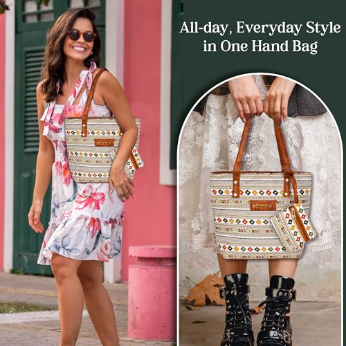 Image of Storite Small Women's Tote Bag with Leather Handles & Embroidery Printed Handbag with Zip Pockets, Shoulder Tote Bag and Handbag for Office and College (WhiteBrown, 26x21x9.8 cm)