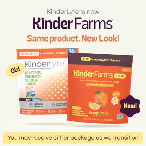 Image of KinderFarms Kids Immunity Supplement Electrolyte Powder - Drink Mix Packets with Vitamin C (Orange Citrus, 16 Count), No Artificial Dyes, Sweeteners or Flavors - Vegan, Non-GMO, Gluten-Free, FSA-HSA