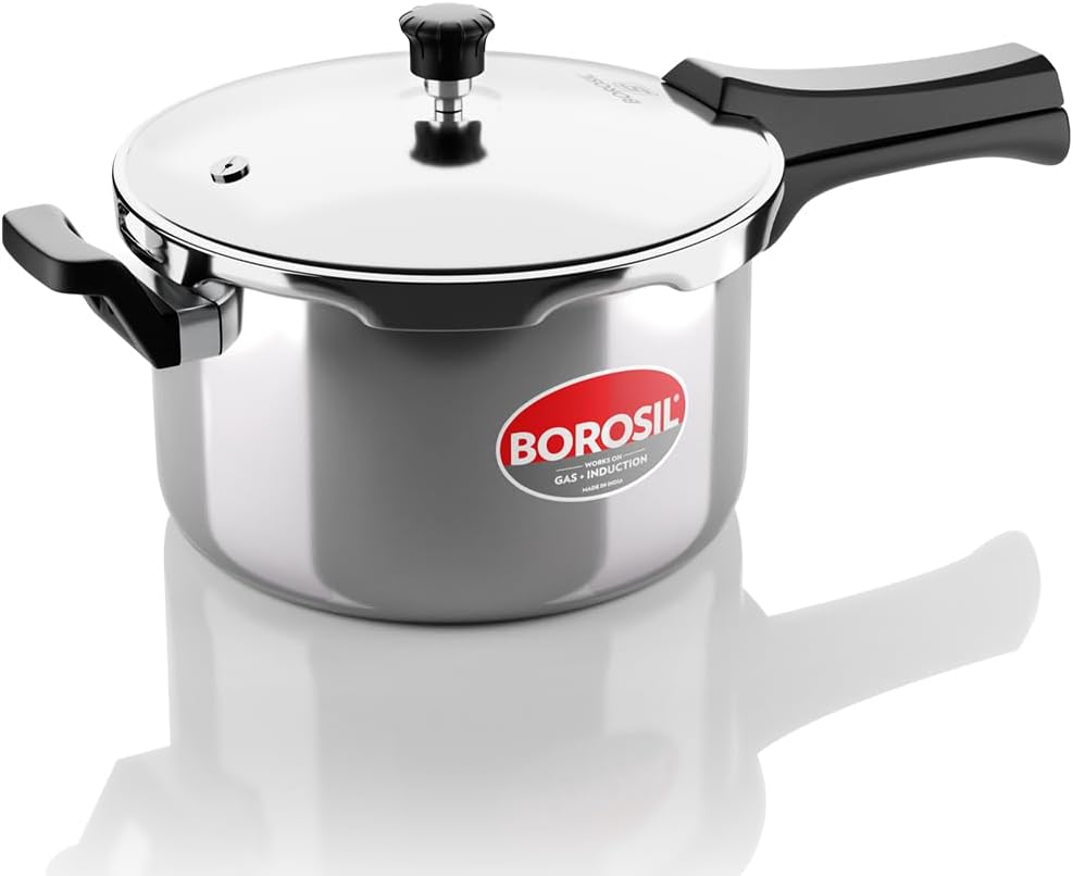 Borosil Triply Pressure Cooker | SS304 Food Grade Stainless Steel | Even Heat Distribution | Gas Stove & Induction Compatible | Dishwasher Safe | 5 Years Warranty (5 L, Outer Lid)