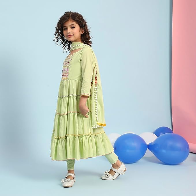 Image of Biba Girls 3 /4 Sleeve 100% Cotton Round Neck Kurta Set