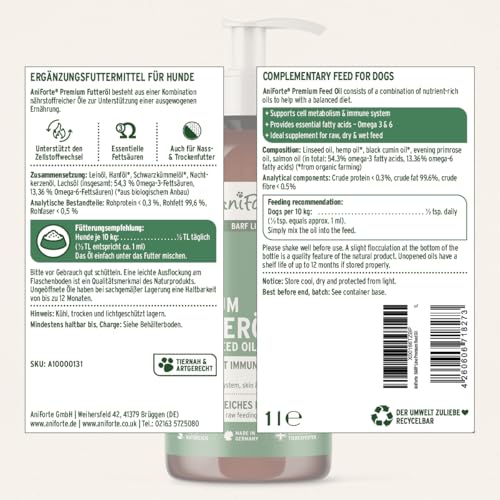 AniForte Barf Futteröl für Hunde 1L – Natürliches, kaltgepresstes Premium Barf Öl, ideale Mischung reich an Omega 3 & Omega 6, Barföl als artgerechter & ausgewogener Barf Zusatz