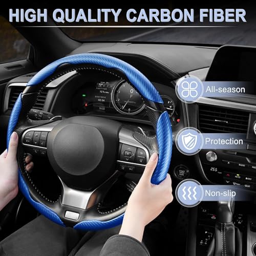 Image of Amiss 3pcs Carbon Fiber Anti-Skid Steering Wheel Cover, Waterproof & Segmented Butterfly Design, Universal 99% Vehicle Wheel Cover Protector, Car Interior Accessories, Blue