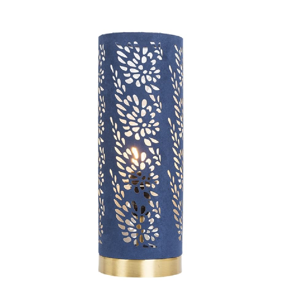 Britalia Touch Table Lamp, Brushed Brass, Navy Blue, Suede Fabric, Floral Etched Cylindrical Shade, E14 Bulb Base, 315mm Height