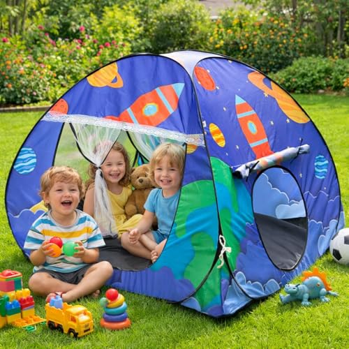 Image of Foldable Play Tent House Big Size for Girl Boys with Space Theme Pop-Up Indoor & Outdoor Playhouse for Girls Boys| Multi Purpose Tent with Fun Patterns Easy Setup & Portable (Space Blue)