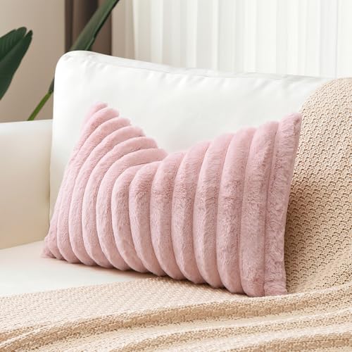 Sungeek Set of 1 Blush Pink Faux Rabbit Fur Cushion Cover 30x50 cm, Soft Cozy Plush Striped Decorative Throw Pillow Covers 12x20 Inch Velvet Lumbar Pillowcases for Sofa Bedroom - Cosy Home Interiors Sungeek Set of 1 Blush Pink Faux Rabbit Fur Cushion Cover 30x50 cm, Soft Cozy Plush Striped Decorative Throw Pillow Covers 12x20 Inch Velvet Lumbar Pillowcases for Sofa Bedroom - Image 4