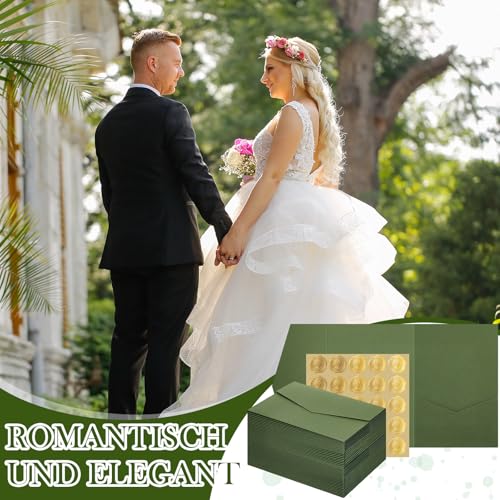 Tenare 50 Stück Papier Pocketfold Umschläge und Wachssiegel Selbstklebend für DIN A6 Umschlag Einladungskarten Hochzeitseinladungen Hochzeitskarte Geburtstagseinladungen(Grün)